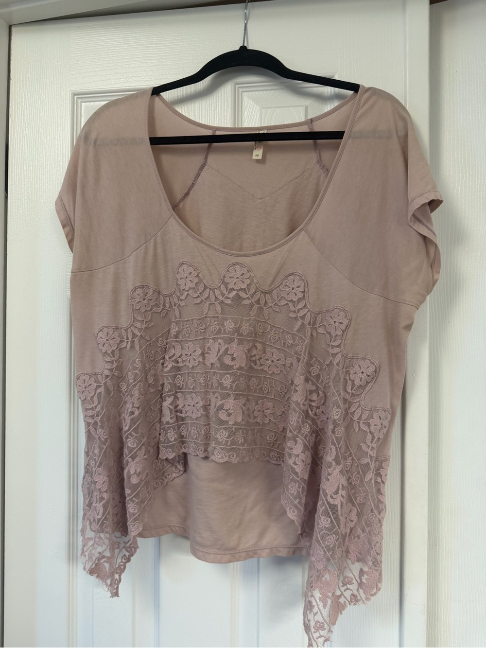 Free People Dusty Rose Lace-Trim Scoop Neck Top